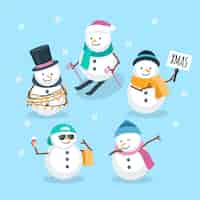 Vettore gratuito collezione di personaggi pupazzo di neve in design piatto