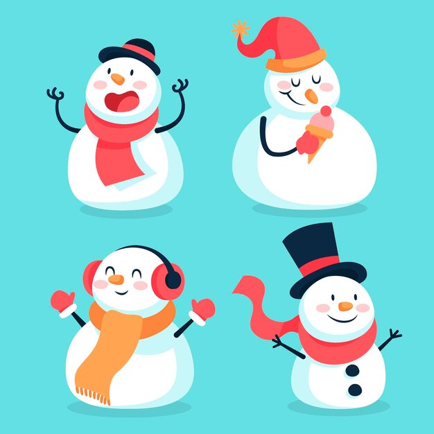 Коллекция персонажей снеговика в плоском дизайне