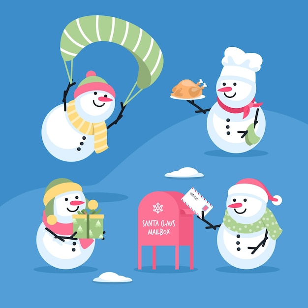 Коллекция персонажей снеговика в плоском дизайне