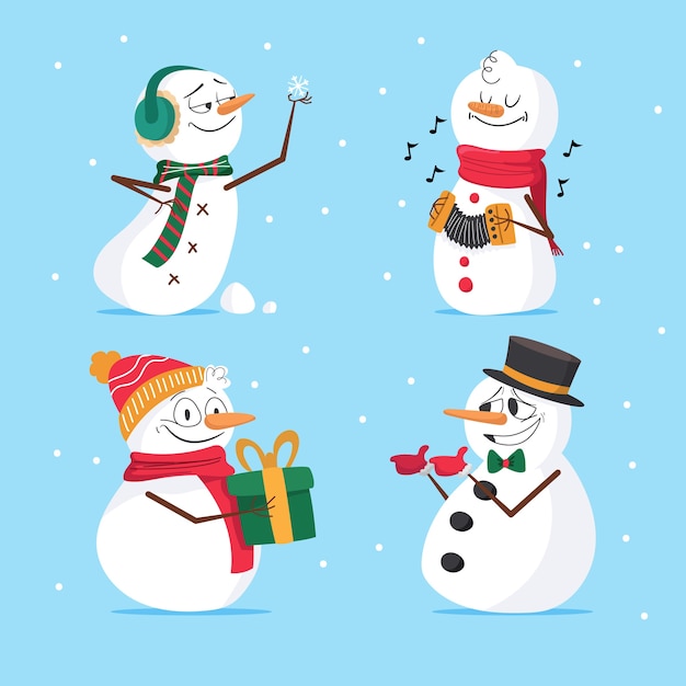 Бесплатное векторное изображение Снеговик коллекция персонажей в плоском дизайне