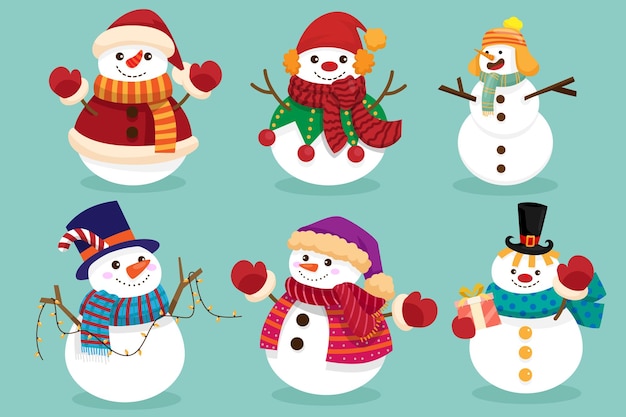 Бесплатное векторное изображение Персонажи снеговика в различных позах и сценах с рождеством христовым вырезанный элемент