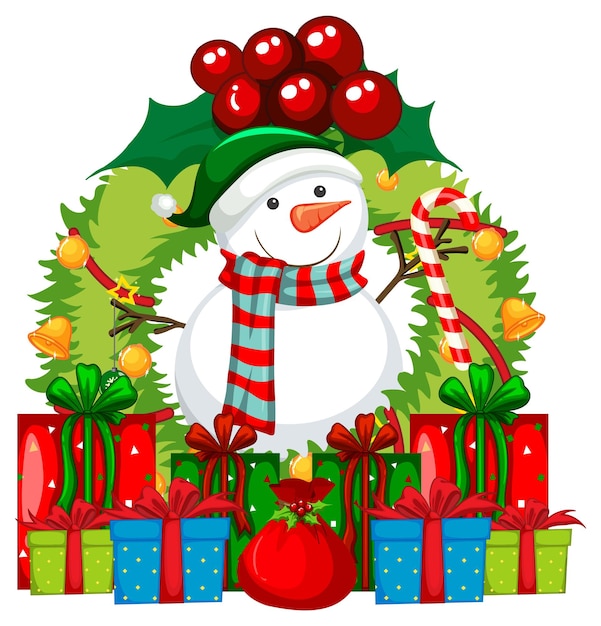 A snowman on christmas wreath with many gift boxes