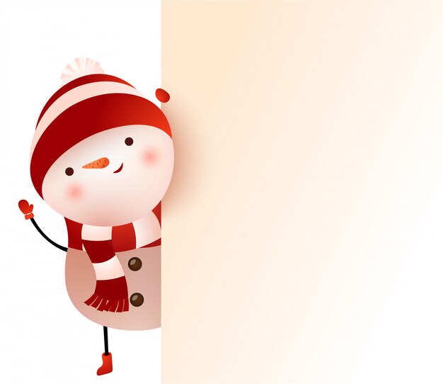 Snowman peeking behind banner and waving illustration