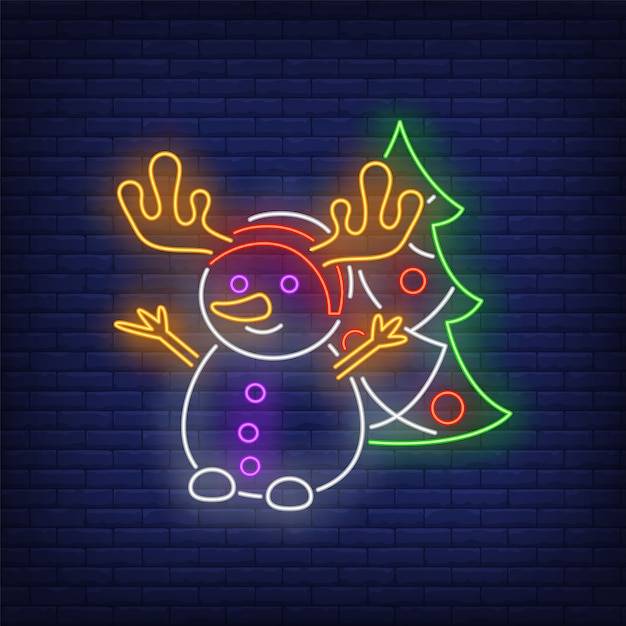 Snowman wearing antlers and decorated fir-tree in neon style