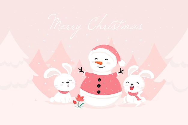 Snowman wearing santa's clothes and bunnies