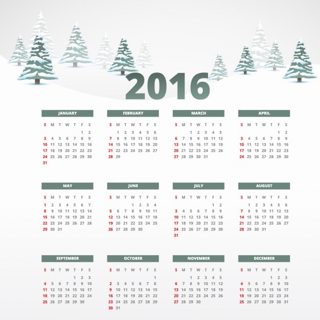 Free vector snowy 2016 calendar template