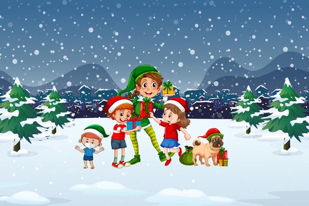 엘프와 아이들과 함께 눈 덮인 크리스마스 밤 장면