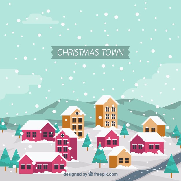 Snowy city background in flat design