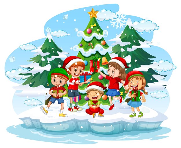 Snowy day with children in Christmas theme