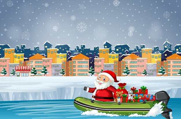 サンタクロースがモーターボートでプレゼントを届ける雪の日