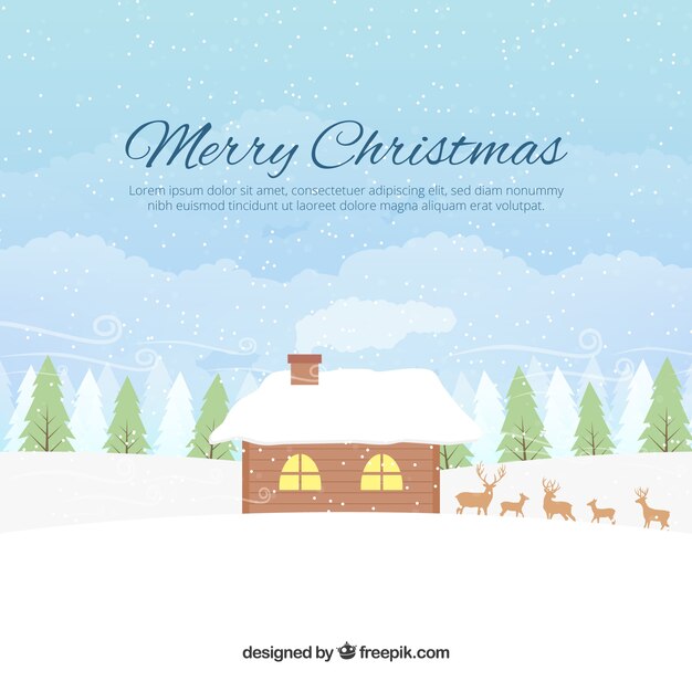 Free Vector snowy house background with reindeer