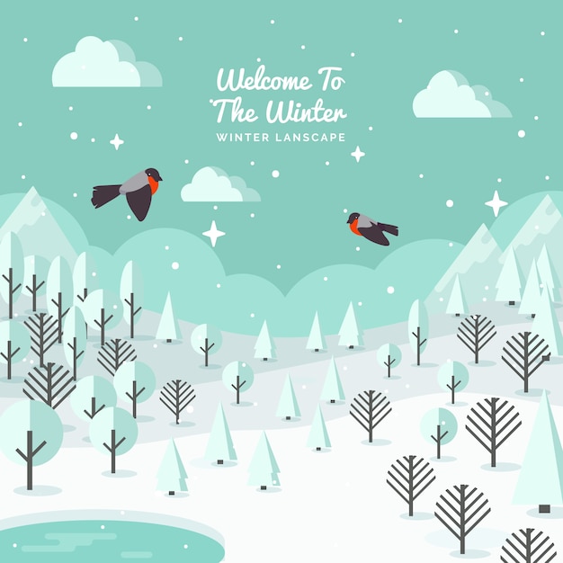 Snowy landscape background with birds in flat design