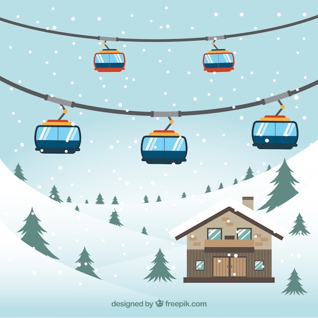 Free vector snowy landscape background with cable car