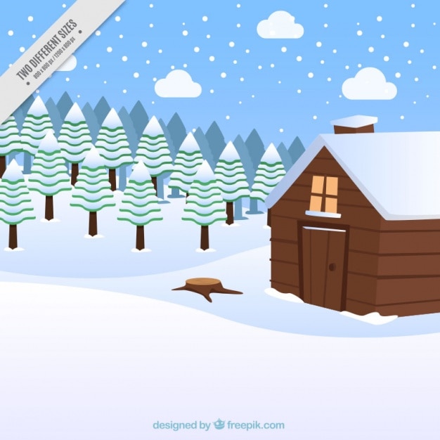 Free vector snowy landscape background with pretty cabin