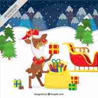 Free vector snowy landscape background with reindeer dressed as santa claus