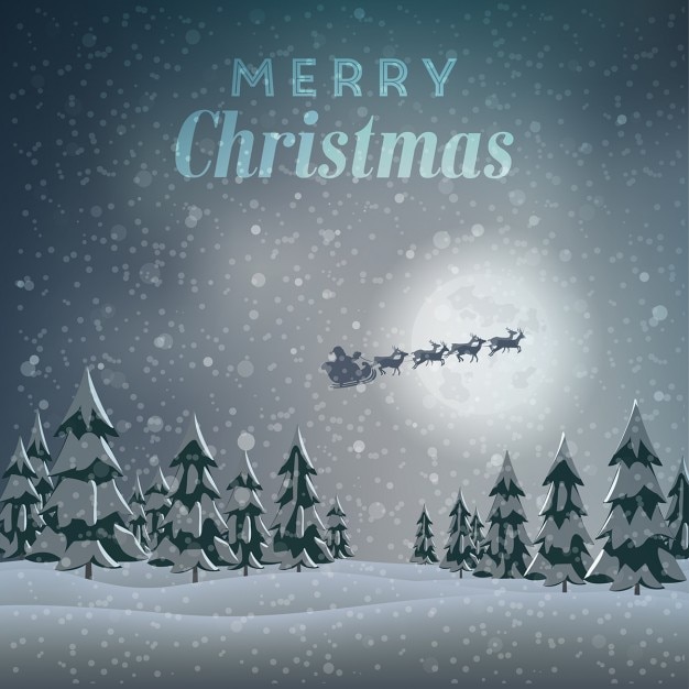 Free vector snowy landscape background with santa claus on sledge