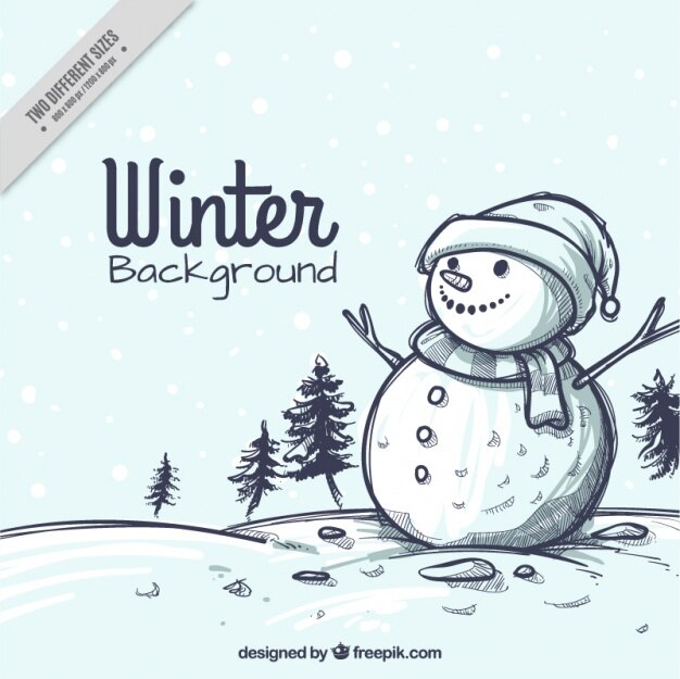 Free Vector snowy landscape christmas sketch background with snowman