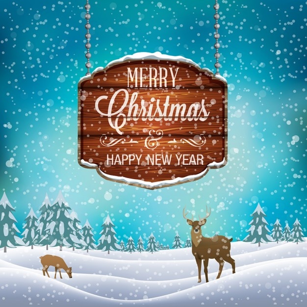 Free vector snowy landscape with deer and christmas wood sign