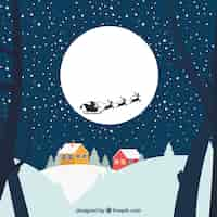 Free vector snowy landscape with santa claus's sledge flying