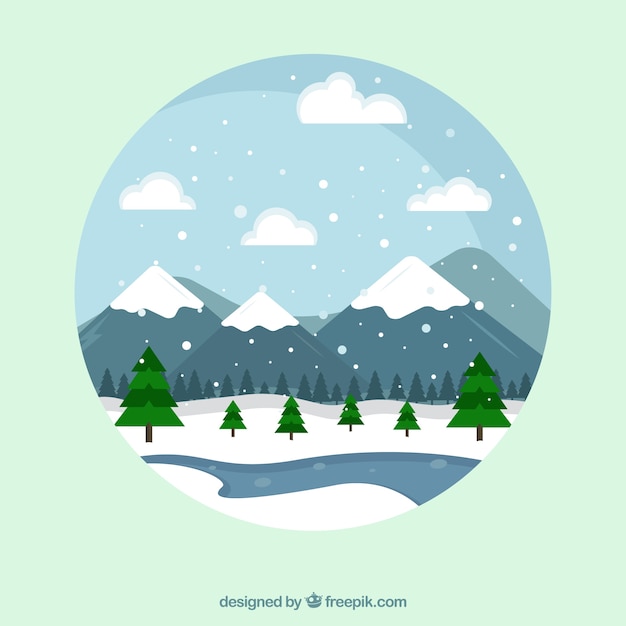 Snowy landscape with trees and mountains