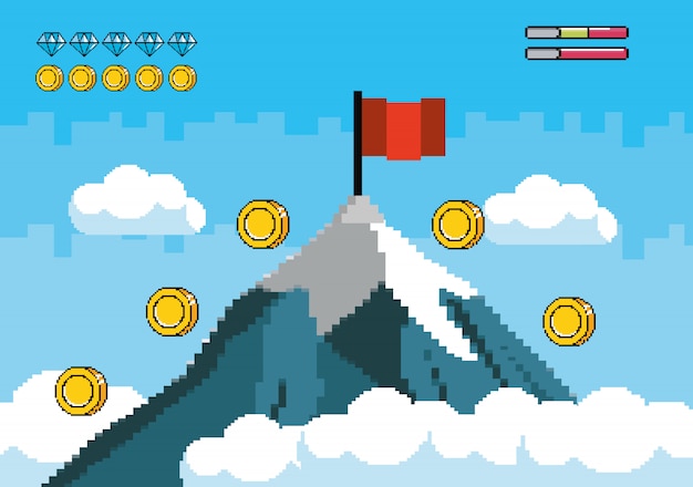 Снежная гора с красным флагом и монетами