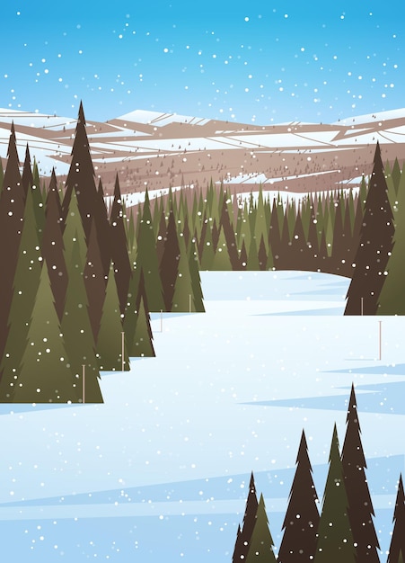 눈 덮인 산 겨울 휴가 스키 리조트 개념 아름다운 풍경 배경 수직 프리미엄 벡터