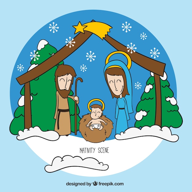 Free vector snowy nativity scene illustration