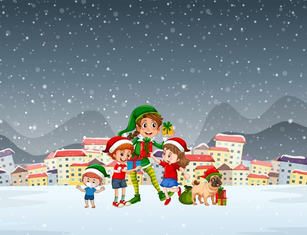 Snowy night scene with elf and dogs in cartoon style