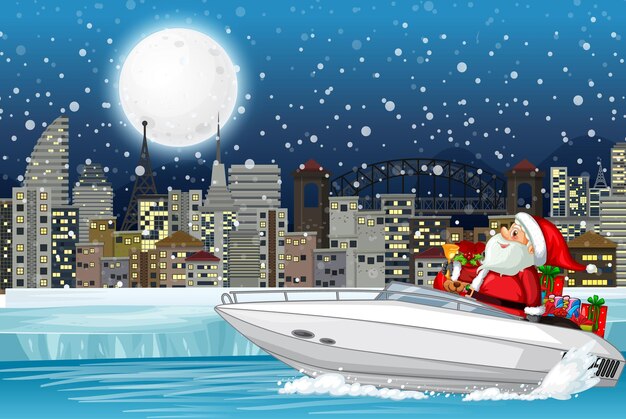 Snowy night with cute elf delivering gifts by speedboat
