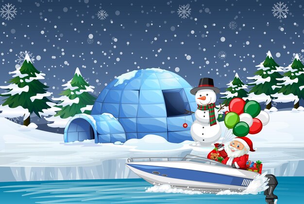 Snowy night with cute elf delivering gifts by speedboat