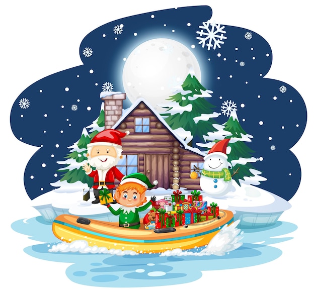 Free vector snowy night with elves delivering gifts by boat