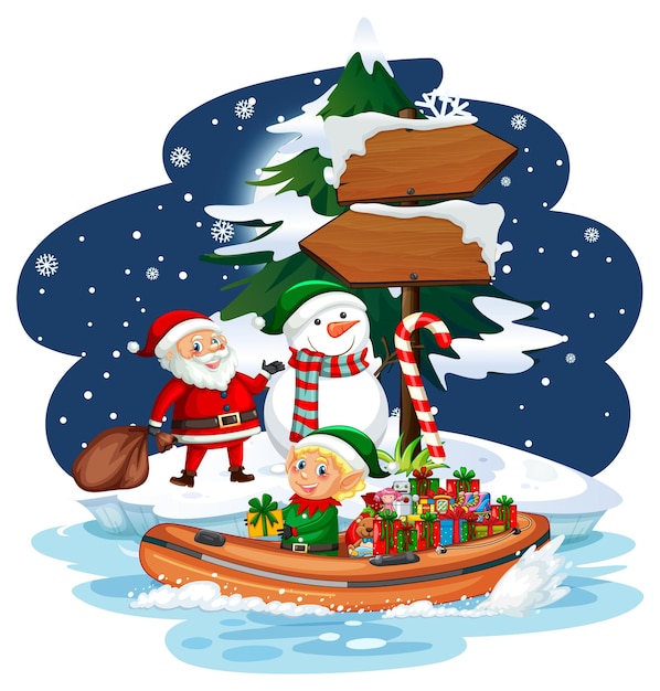 Снежная ночь с Санта-Клаусом и эльфом, доставляющим подарки