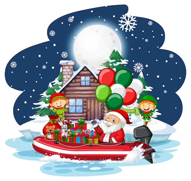 Free vector snowy night with santa claus and gift boxes on a boat