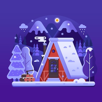 Снежная сцена с пышным зимним домом с дымоходом на лесах. уютное лесное шале или бревенчатый домик на природе зимой. мультяшный снежный домик на лыжах, домашний сельский пейзаж ночью.