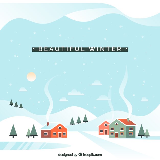 Snowy winter background with houses and trees