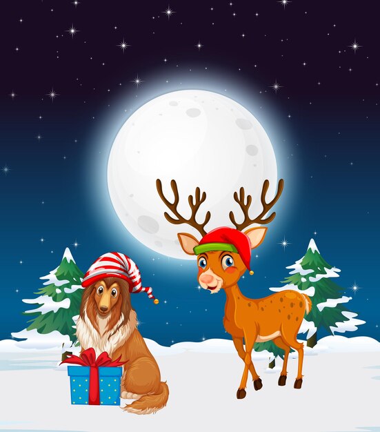 크리스마스 순록과 강아지와 함께 눈 덮인 겨울 밤