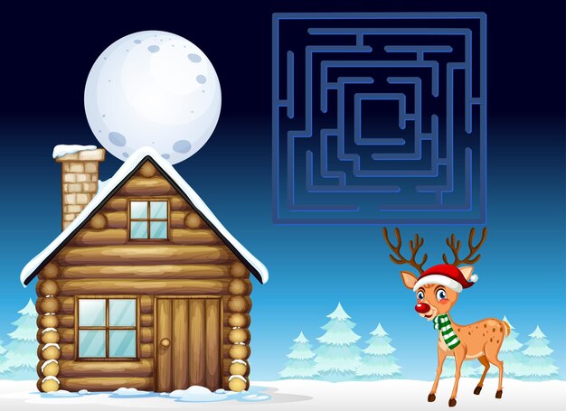 Snowy winter night with reindeer and maze game template