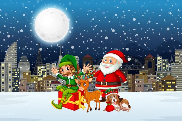 Snowy winter night with santa claus and elf