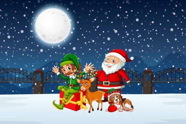Snowy winter night with Santa Claus and friends