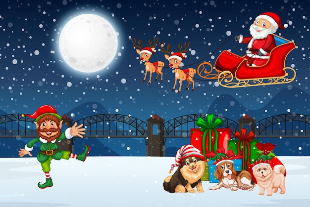 Free vector snowy winter night with santa claus on sleigh