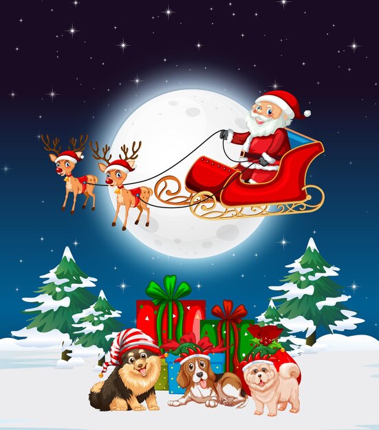 Snowy winter night with Santa Claus on sleigh