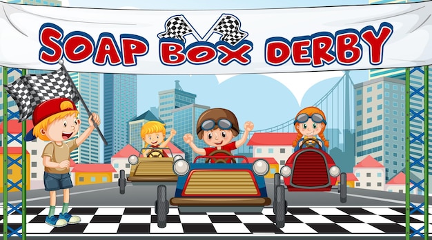 Free vector soap box derby scene with children racing car