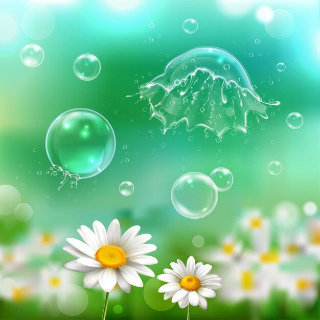 Soap bubbles floating bursting popping exploding above chamomile flowers realistic image with green blurry background  illustration