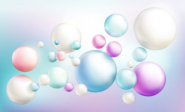 Soap bubbles or opaque colorful glossy spheres randomly flying on rainbow colored defocused.