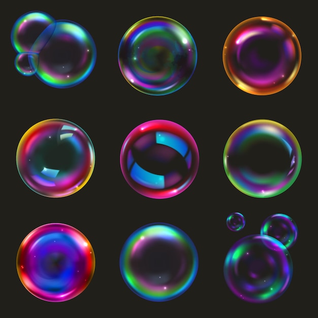 Мыльные пузыри реалистичный набор на черном фоне изолированные векторные иллюстрации
