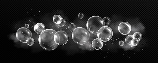 Free vector soap bubbles with smoke and particles on black