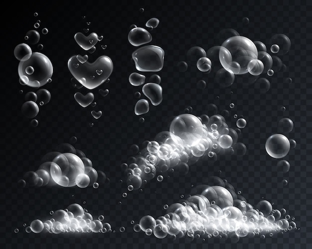 Soap foam and bubbles of different shape realistic set isolated on transparent