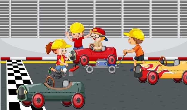 Free vector soapbox derby scene with children racing car