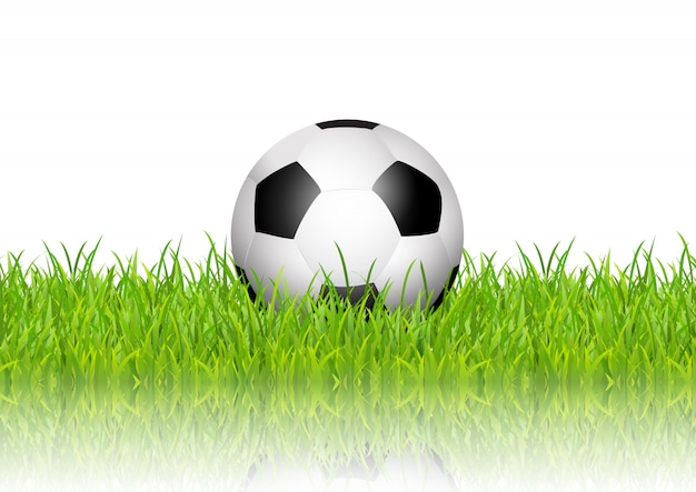 Футбольный мяч в траве на белом фоне