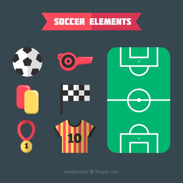Soccer elements collection with equipment in flat style